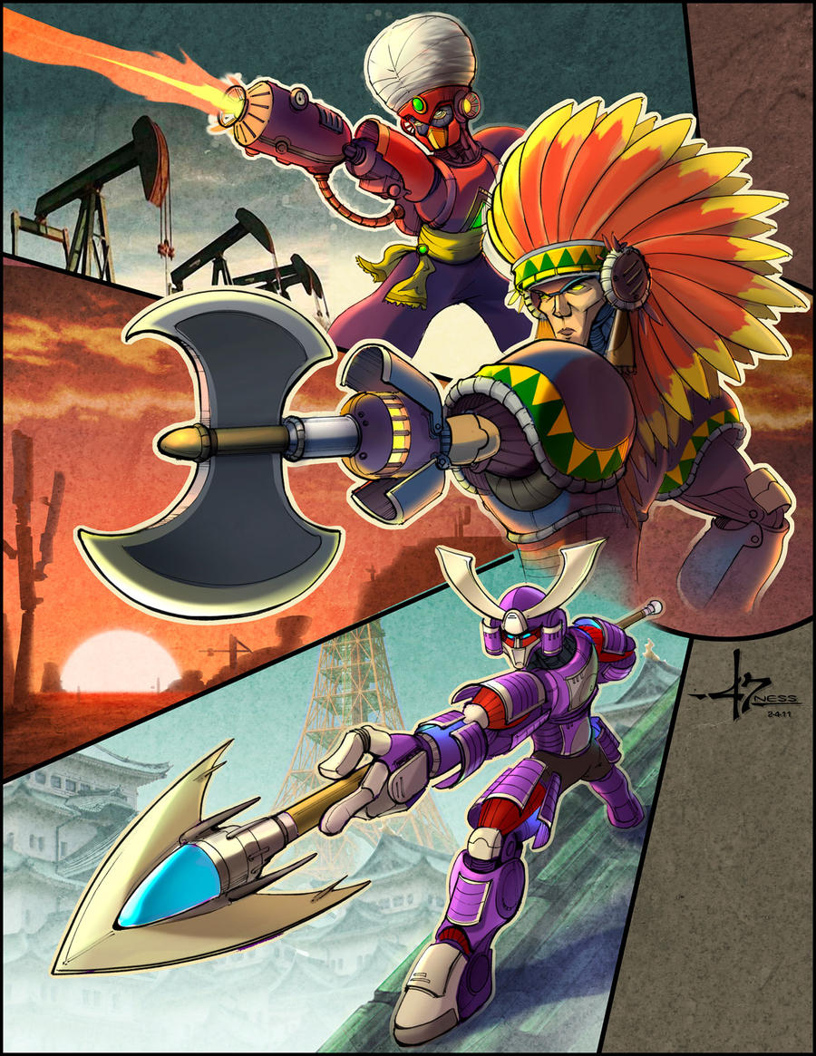 3boys arm_cannon axe blue_eyes capcom fire fire flame_man hat helmet holding holding_polearm holding_spear holding_weapon joints mega_man_(classic) mega_man_(series) mega_man_6 multiple_boys no_humans non-humanoid_robot polearm robot robot_ears robot_joints spear sunset tomahawk_man weapon yamato_man yellow_eyes