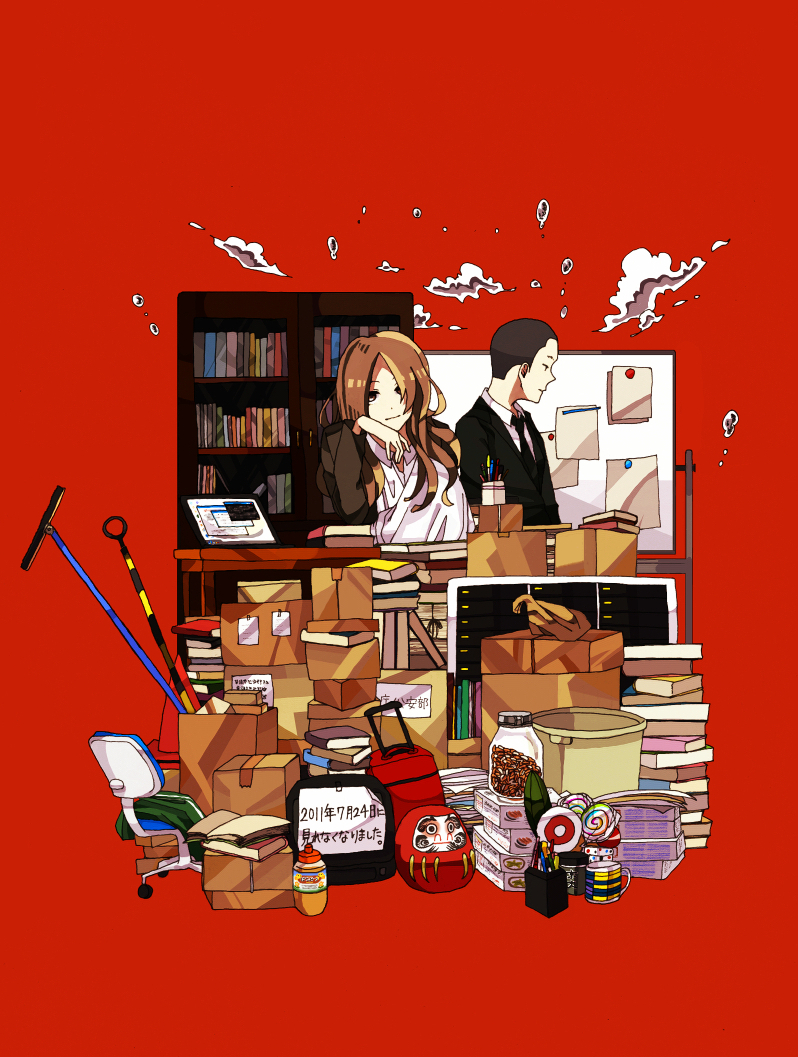 1boy 1girl arm_sling astigma_(flipflop1106) black_hair black_jacket black_necktie blazer book book_stack bookshelf box_stack brown_eyes brown_hair bulletin_board cast chair closed_mouth cloud collared_shirt commentary_request daruma_doll dot_nose elbow_on_table expressionless hair_over_one_eye hair_over_shoulder jacket jacket_partially_removed long_hair mop necktie office_chair office_lady paper parted_bangs red_background sebumi_takeru shirt short_hair simple_background smile spec swivel_chair touma_saya upper_body very_short_hair water_drop white_shirt