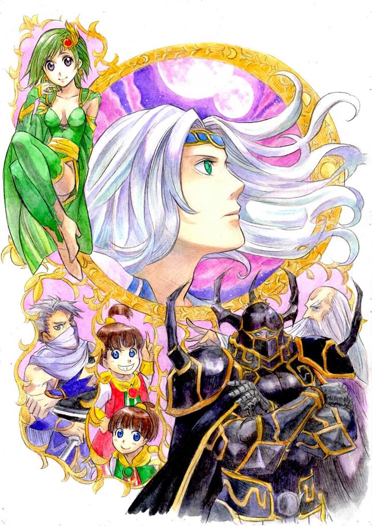 armor beard blue_eyes breasts cape cecil_harvey cleavage closed_mouth commentary_request dress edward_geraldine facial_hair final_fantasy final_fantasy_iv fusoya gauntlets golbez green_hair grey_hair helmet long_beard long_hair multiple_boys multiple_girls palom porom rydia_(ff4) short_hair shoulder_pads sio2_(nisankakeiso)