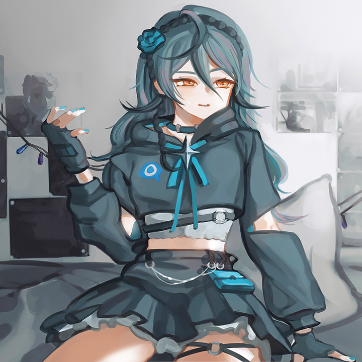 1girl ahoge alternate_costume arm_cutout black_hairband blonde_hair blue_flower blue_hair cropped_hoodie dibi_(xoxo_dibi) fingerless_gloves flower gloves green_gloves green_hoodie hair_between_eyes hair_flower hair_ornament hairband hood hoodie korean_commentary looking_to_the_side nail_polish nijisanji nijisanji_kr open_hand ryu_hari sitting solo virtual_youtuber