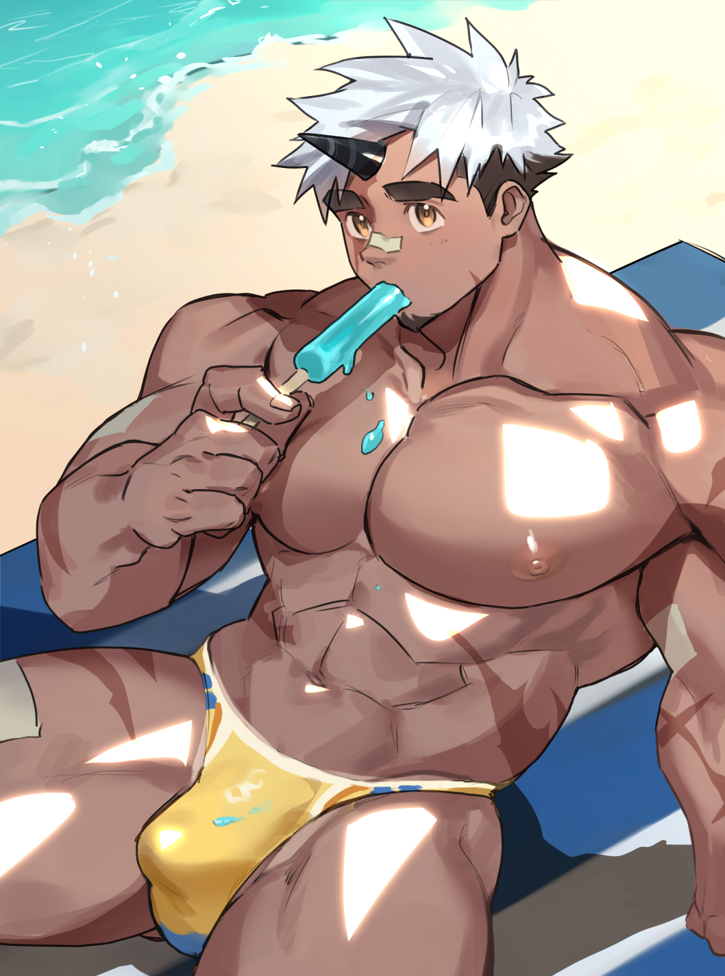 1boy abs akiha_gongen_(housamo) bandaid bandaid_on_face bandaid_on_nose bara beach blue_male_swimwear bulge covered_penis dark-skinned_male dark_skin facial_hair feet_out_of_frame food food_on_body food_on_pectorals goatee highres holding holding_food holding_ice_cream horns huge_eyebrows huge_pectorals ice_cream locking male_focus male_swimwear melting multicolored_hair multicolored_male_swimwear muscular muscular_male nipples official_alternate_costume sei_ouka short_hair single_horn sitting solo sunlight swim_briefs thick_thighs thighs tokyo_houkago_summoners topless_male two-tone_hair white_hair yellow_male_swimwear