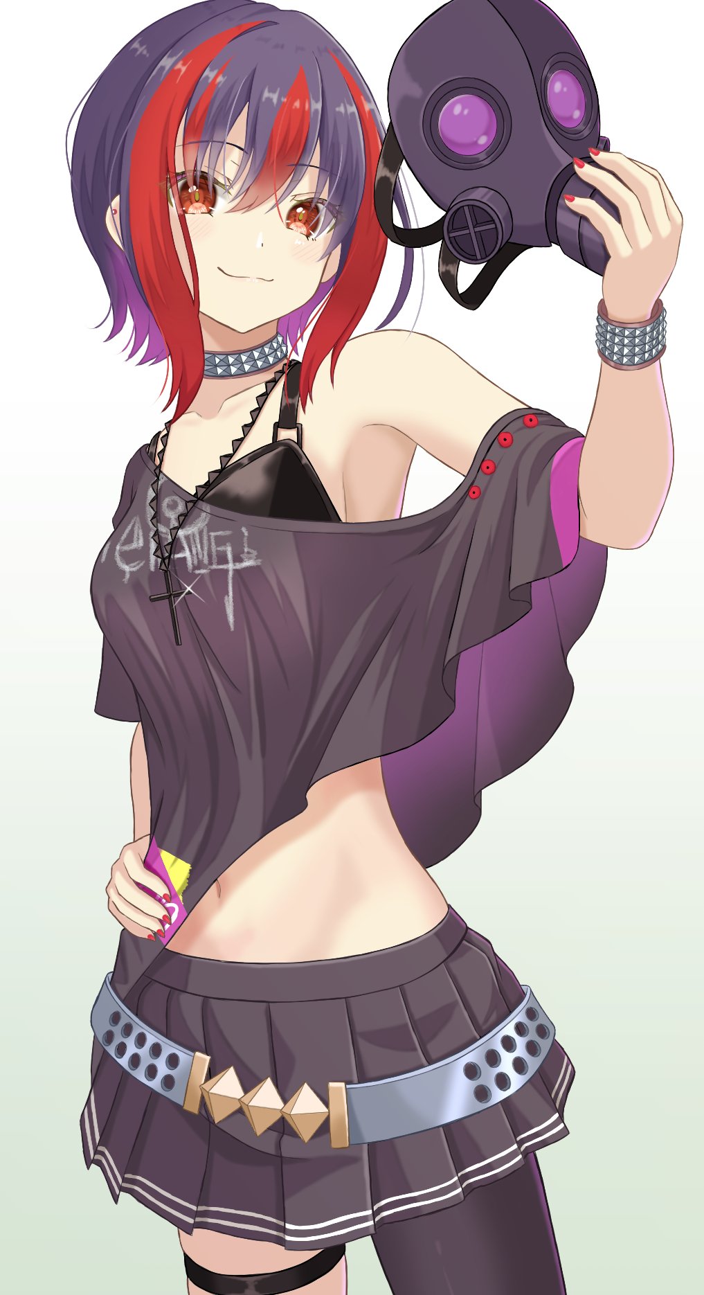 1girl black_hair choker gas_mask heaven_burns_red highres mask mikoto_fubuki mochimugi_rice multicolored_hair navel off-shoulder_shirt off_shoulder pleated_skirt purple_eyes red_hair shirt short_hair short_sleeves skirt streaked_hair team_31d_(heaven_burns_red)