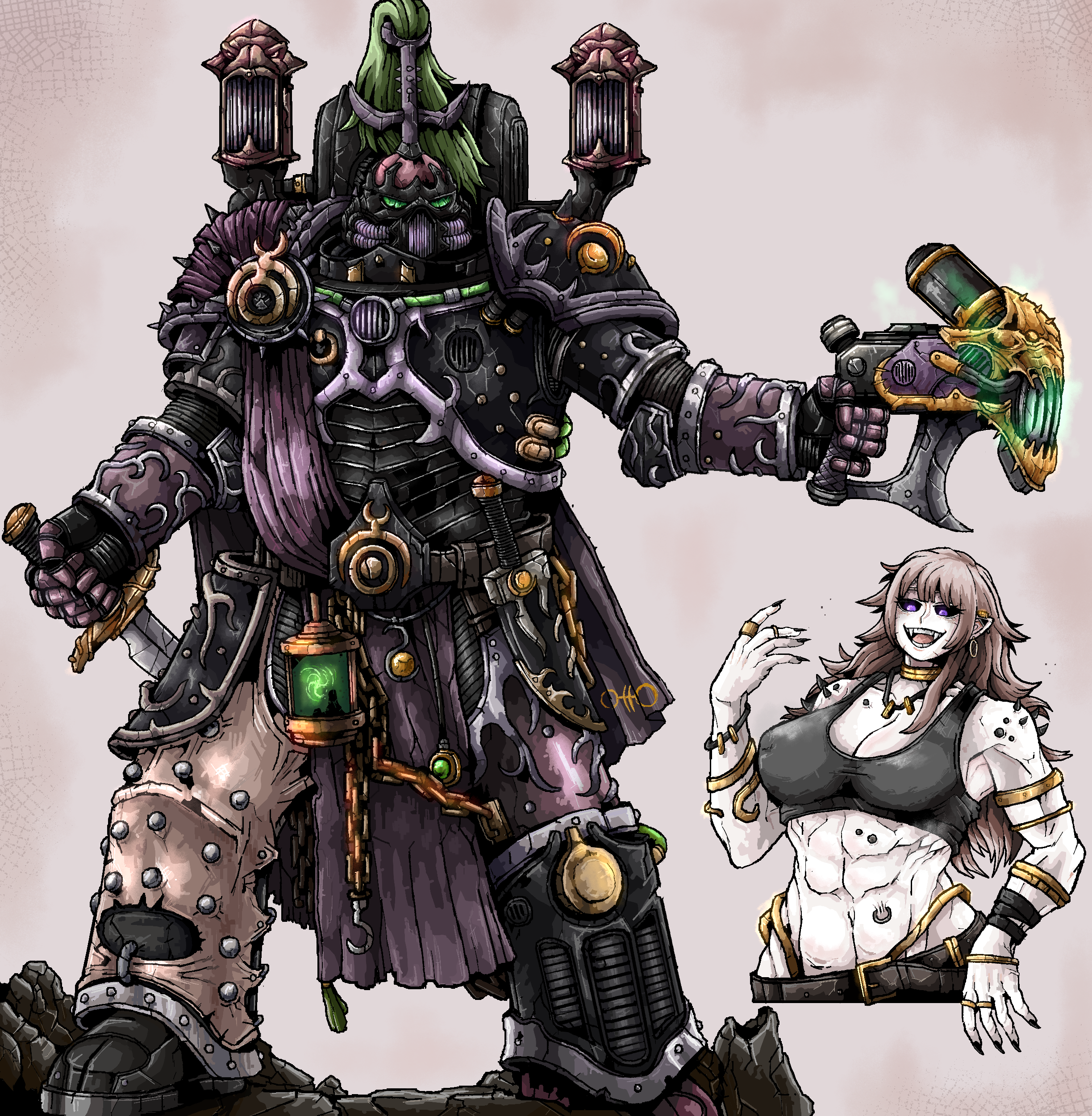 1girl abs absurdres adeptus_astartes armlet armor black_sclera black_tank_top chaos_space_marine colored_sclera cropped_torso full_armor genderswap genderswap_(mtf) gold_armlet gun helmet highres holding holding_gun holding_knife holding_weapon jewelry knife multiple_views muscular muscular_female octosoup pauldrons piercing pink_eyes plume power_armor shoulder_armor slaanesh_(cult) tank_top warhammer_40k weapon