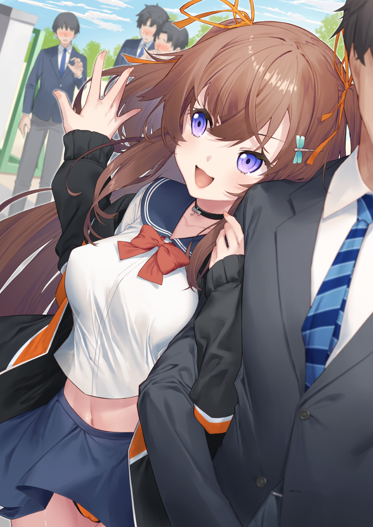 1girl 4boys :d arm_hug black_choker black_hair black_jacket blazer blue_necktie blue_sailor_collar blue_skirt blush bow breasts brown_hair choker collarbone commentary_request day diagonal-striped_clothes diagonal-striped_necktie faceless faceless_male hair_between_eyes hair_ribbon jacket long_hair long_sleeves medium_breasts multiple_boys navel necktie nose_blush open_clothes open_jacket open_mouth orange_panties orange_ribbon original outdoors panties pleated_skirt puffy_long_sleeves puffy_sleeves purple_eyes red_bow ribbon sailor_collar school_uniform see-through_clothes serafuku shirt skirt sleeves_past_wrists smile striped_clothes tokuno_yuika two_side_up underwear very_long_hair white_shirt