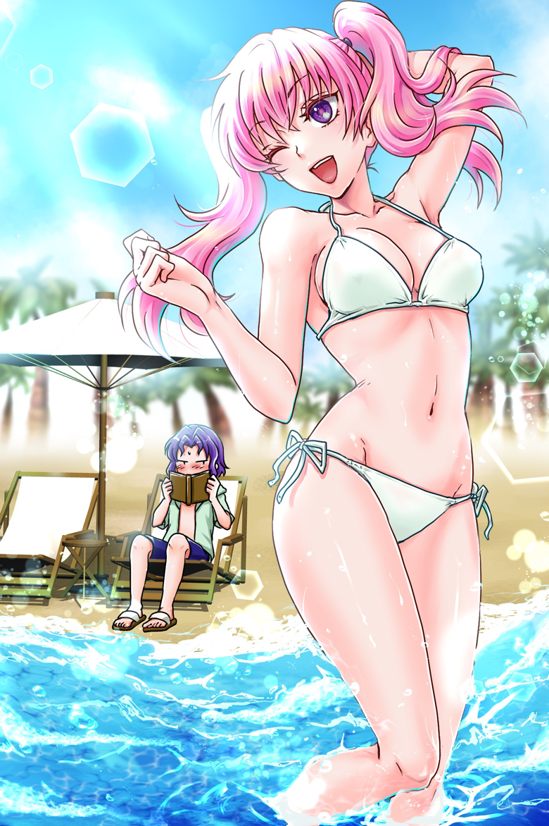 1boy 1girl ;d alternate_costume bare_shoulders beach beach_umbrella bikini blush book breasts cleavage erk_(fire_emblem) fire_emblem fire_emblem:_the_blazing_blade holding holding_book long_hair navel nintendo one_eye_closed open_book open_mouth palm_tree partially_submerged pink_hair purple_eyes purple_hair serra_(fire_emblem) short_hair smile swimsuit teeth tree twintails umbrella umehime upper_teeth_only water wet white_bikini