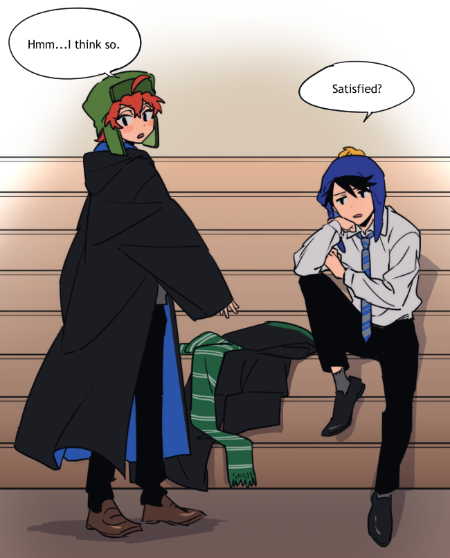 2boys ahoge black_eyes black_hair bleachers blush borrowed_clothes chullo cloak collared_shirt craig_tucker english_text full_body fur_hat hand_on_own_cheek hand_on_own_face harry_potter_(series) hat head_rest hogwarts_school_uniform kyle_broflovski loafers long_sleeves multiple_boys necktie open_mouth orange_hair ravenclaw scarf school_uniform shirt shoes sitting sleeves_past_wrists slytherin socks south_park striped_clothes striped_necktie striped_scarf ten_(lu2948d) unworn_cloak unworn_scarf ushanka wizarding_world