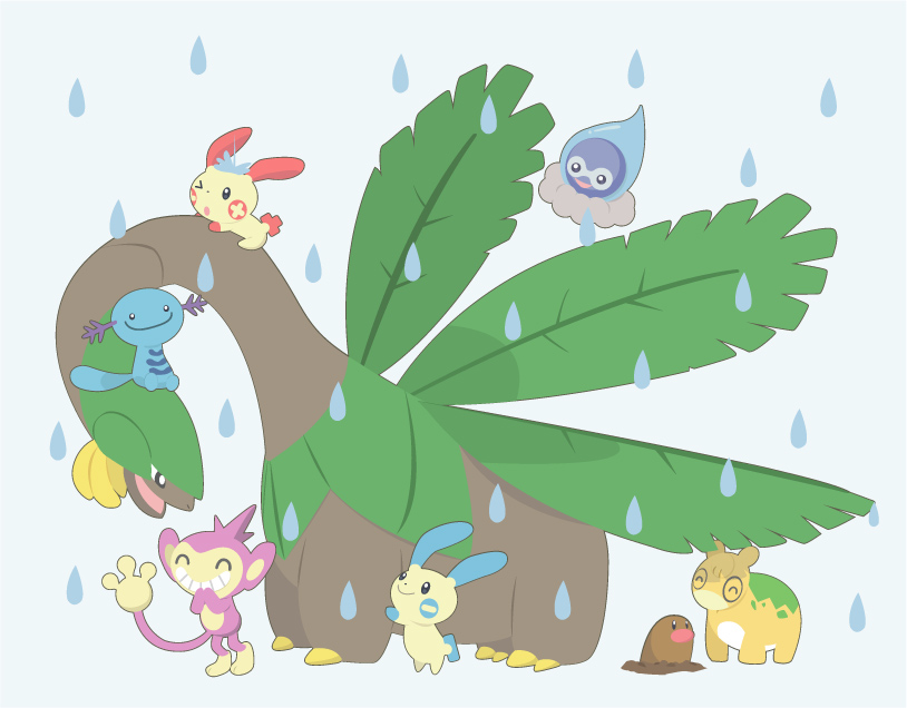&gt;_o ^_^ aipom castform castform_(rainy) claws closed_eyes diglett gen_1_pokemon gen_2_pokemon gen_3_pokemon grin happy minun miu_(pixiv358902) nintendo numel one_eye_closed open_mouth plusle pokemon rain riding smile tropius water_drop white_background wooper