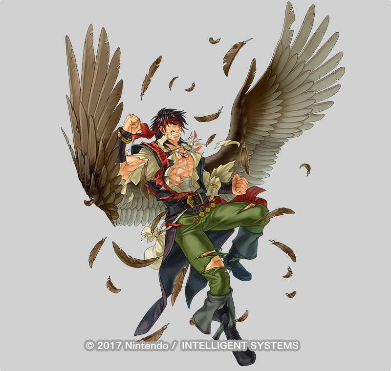 1boy abs alternate_costume bandages belt boots bracelet brown_hair copyright_notice dagger drink feathered_wings feathers fire_emblem fire_emblem:_radiant_dawn fire_emblem_heroes full_body grey_background headband injury jewelry kita_senri knife laguz_(fire_emblem) male_focus necklace nintendo official_art pointy_ears scar solo teeth tibarn_(fire_emblem) tibarn_(pirate)_(fire_emblem) torn_clothes weapon wings yellow_eyes