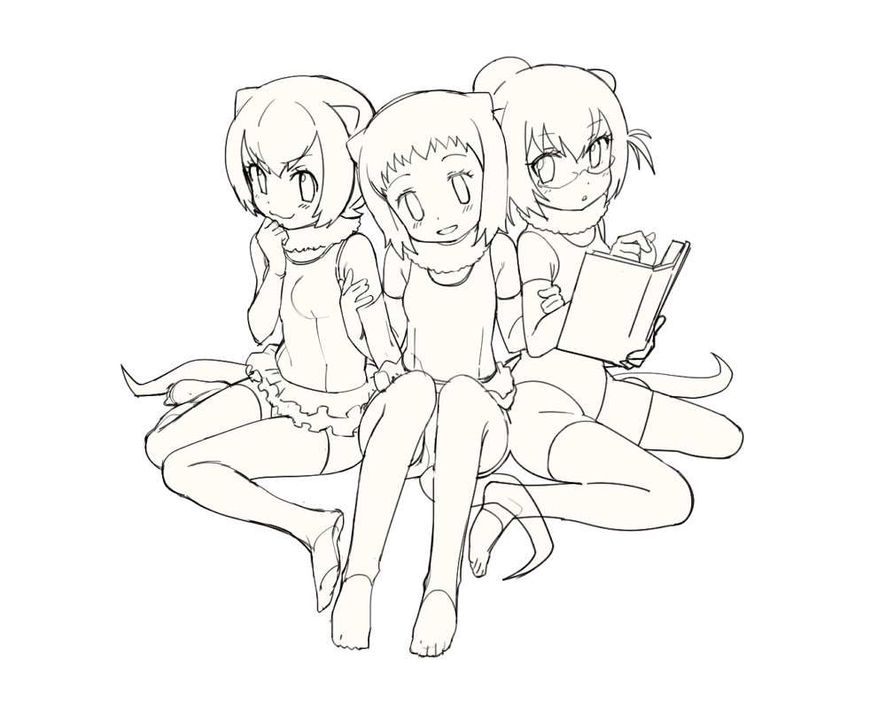 &gt;:3 10s 3girls :3 :d :o animal_ears armpit_peek bare_shoulders barefoot blush book breasts clenched_hand collar covered_navel dot_nose elbow_gloves empty_eyes eurasian_otter_(kemono_friends) expressionless eyelashes feet fingerless_gloves frilled_swimsuit frills full_body fur_collar glasses gloves hair_bun hand_on_own_chin holding holding_book japanese_otter_(kemono_friends) kanemaru_(knmr_fd) kemono_friends knees_together_feet_apart knmr_(knmr_fd) lineart locked_arms looking_at_viewer medium_breasts monochrome multiple_girls naughty_face navel no_shoes official_art one-piece_swimsuit open_mouth otter_ears otter_tail semi-rimless_eyewear short_hair simple_background single_hair_bun sitting skirt small-clawed_otter_(kemono_friends) smile socks swimsuit tail tareme thighhighs thighs toeless_legwear toes tsurime turning_page under-rim_eyewear v-shaped_eyebrows wariza white_background