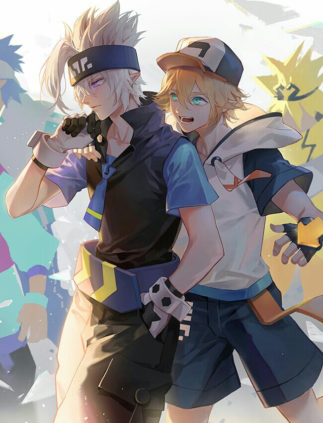 2boys 3others aotu_world aqua_eyes baseball_cap black_hat black_headband black_shorts black_vest blonde_hair blue_eyes blue_necktie blue_shirt fingerless_gloves gloves grey_(aotu_world) hair_between_eyes hand_in_pocket hat headband hood hood_down hoodie king_(aotu_world) looking_at_another male_focus multicolored_hat multiple_boys multiple_others necktie open_mouth oten pointy_ears purple_eyes shirt short_hair short_sleeves shorts smile spiked_hair teeth vest white_hair white_hoodie yaoi