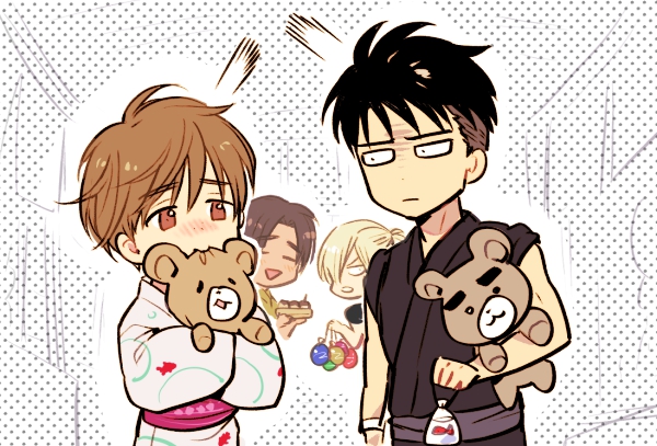 4boys biting black_hair blonde_hair brown_eyes brown_hair closed_eyes freckles japanese_clothes ji_guang-hong kimono leo_de_la_iglesia male_focus mizota_(rovel) multiple_boys open_mouth otabek_altin smile stuffed_animal stuffed_toy teddy_bear water_balloon yukata yuri!!!_on_ice yuri_plisetsky