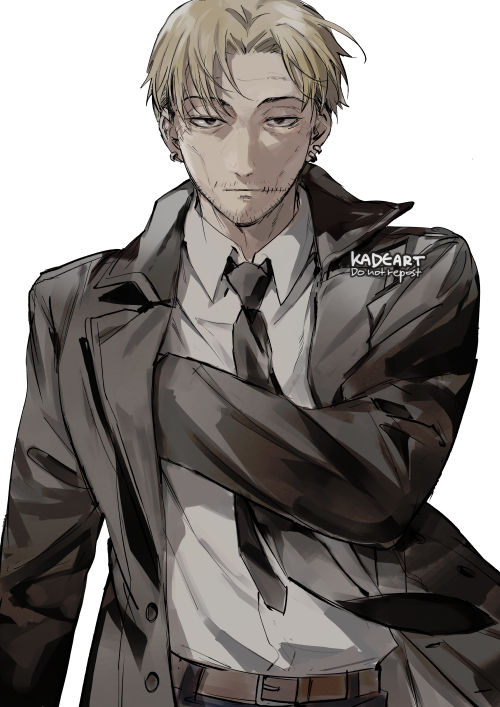 1boy belt black_coat black_necktie chainsaw_man coat collared_shirt ear_piercing facial_hair formal_clothes grey_background grey_hair hand_in_jacket kadeart kishibe_(chainsaw_man) looking_at_viewer necktie piercing shirt shirt_tucked_in short_hair simple_background solo stitched_face stitched_mouth stitches stubble suit white_shirt