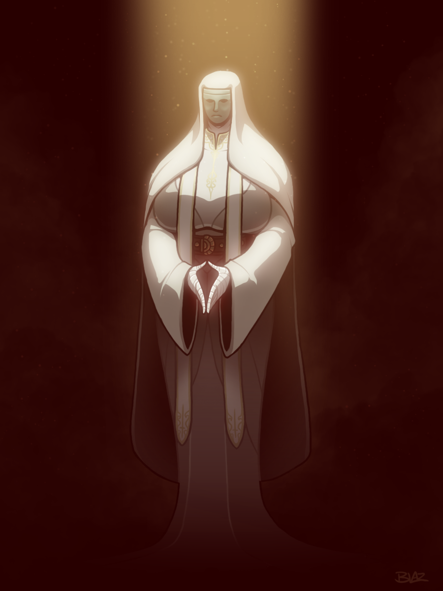 bandaged_hand bandages belt blazbaros breasts cloak curvy dark_background empty_eyes giant giantess gold_trim goth_fashion highres hood huge_breasts light_rays mask narrow_waist no_eyes sunbeam sunlight wide_hips