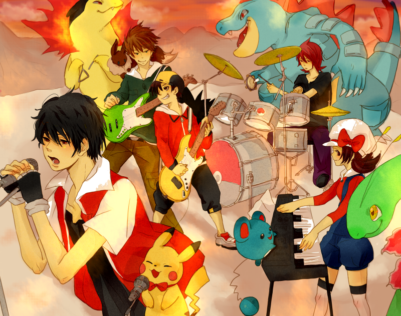 00s 1990s_(style) 1girl 4boys alternate_costume backwards_hat blue_oak blue_oak_(pokemon_hgss) bow bowtie clothed_pokemon drumsticks eevee ethan_(pokemon) feraligatr gen_1_pokemon gen_2_pokemon guitar hat hat_ribbon holding instrument keyboard_(instrument) kneehighs lyra_(pokemon) marill meganium microphone multiple_boys music nintendo no_headwear one_(brs) pikachu pixiv_red pokemon pokemon_(creature) pokemon_frlg pokemon_hgss pokemon_rgby red_(pokemon) retro_artstyle ribbon silver_(pokemon) singing smile socks starter_pokemon_trio triangle_(instrument) typhlosion