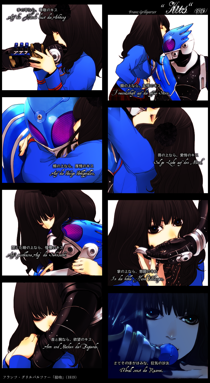 1boy 1girl armor belt black_hair blazer el2 hetero highres jacket kamen_rider kamen_rider_fourze_(series) kamen_rider_meteor kiss kiss_chart kissing_cheek kissing_forehead kissing_hand long_hair multiple_drawing_challenge nozama_tomoko school_uniform