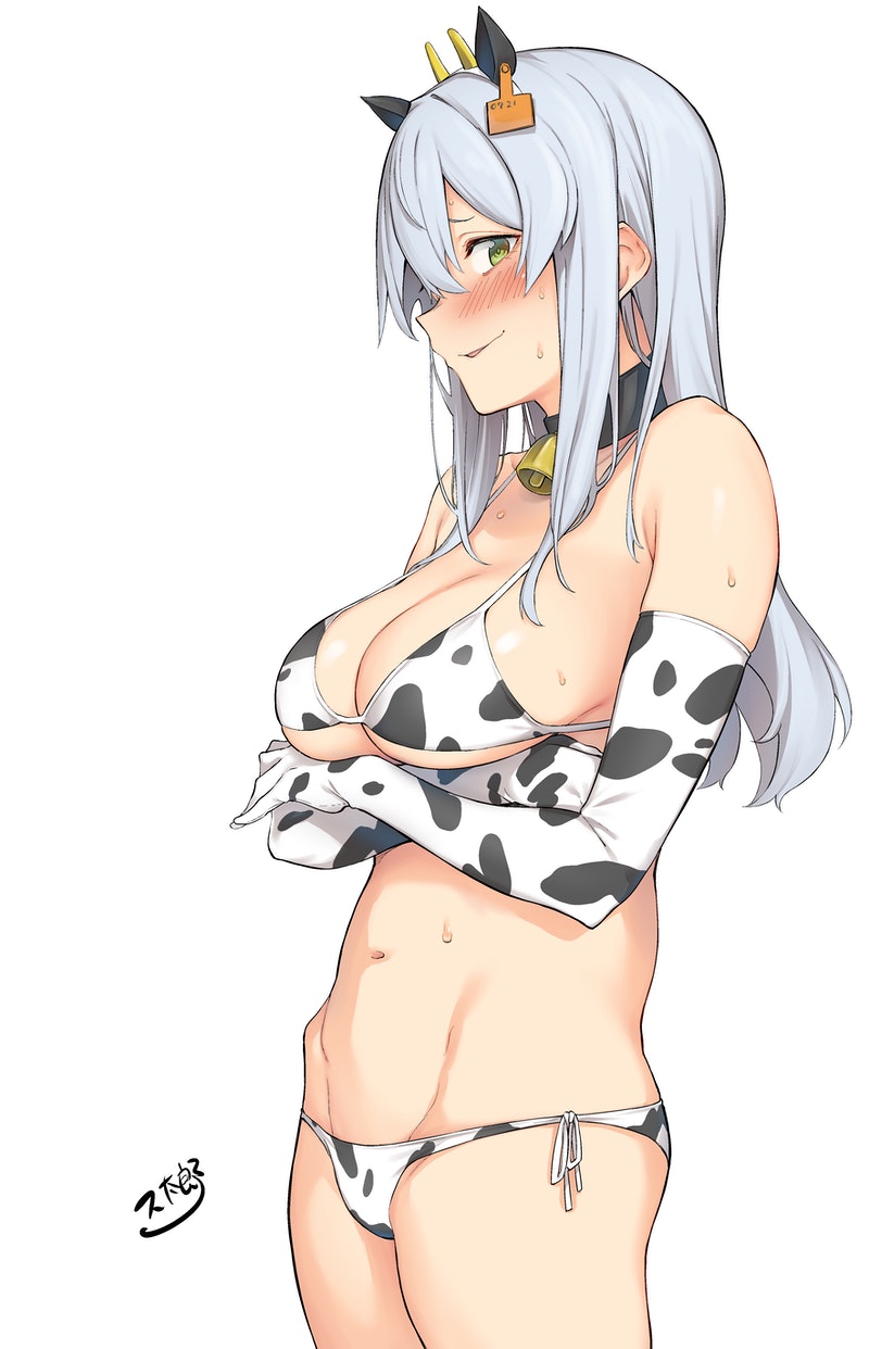 1girl animal_ear_headwear animal_ears animal_print arms_under_breasts bell bikini blush breasts cleavage commission cow_ears cow_horns cow_print cowbell cowboy_shot crossed_arms ear_tag elbow_gloves embarrassed fake_animal_ears fake_horns from_side gloves green_eyes groin hairband highres hip_bones horns large_breasts long_hair navel neck_bell original print_gloves side-tie_bikini_bottom sidelocks silver_hair simple_background skeb_commission smile solo spirytus_tarou string_bikini sweat swimsuit white_background