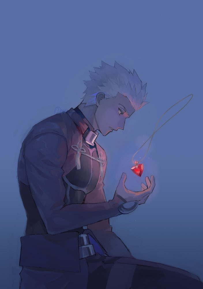 1boy archer_(fate) artist_name belt black_pants black_shirt blue_background dark-skinned_male dark_skin fate/grand_order fate/stay_night fate_(series) frown glowing glowing_jewelry grey_eyes hikaru_(asteriskring) jewelry long_sleeves looking_at_object male_focus muscular muscular_male necklace pants profile reaching shirt shrug_(clothing) simple_background solo spiked_hair tan twitter_username white_hair