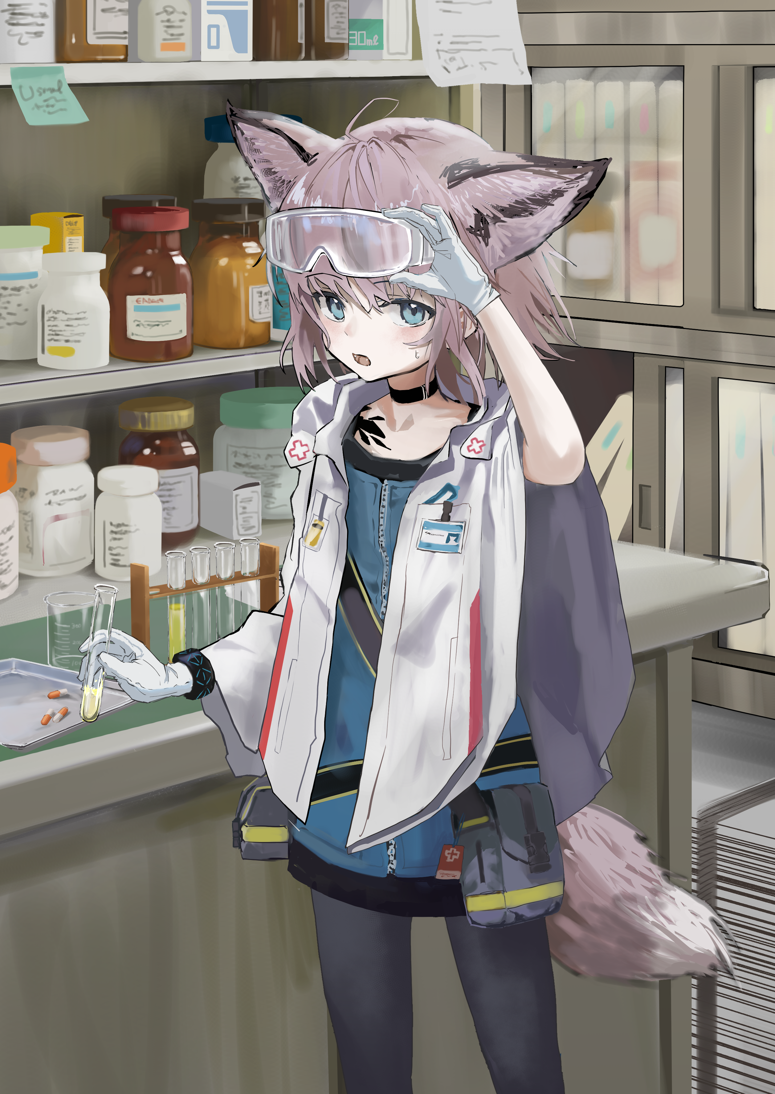 1girl absurdres animal_ears arknights black_choker black_pantyhose blue_eyes blue_vest choker fox_ears fox_girl fox_tail gloves highres infection_monitor_(arknights) material_growth mikeneko90 open_mouth oripathy_lesion_(arknights) pantyhose purple_hair short_hair solo sussurro_(arknights) tail vest white_gloves