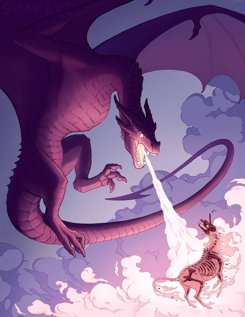 animal_focus animal_skeleton artist_name blank_eyes breath_weapon breathing_fire claws colored_smoke commentary dragon english_commentary eye_contact fantasy fiery_hair fiery_tail fire flying horns looking_at_another monster no_humans open_mouth original outdoors pink_eyes pink_fire pink_hair purple_scales purple_sky sharp_teeth simkaye single_horn skeleton skeleton_horse sky smoke standing tail teeth tongue unicorn watermark white_eyes wings