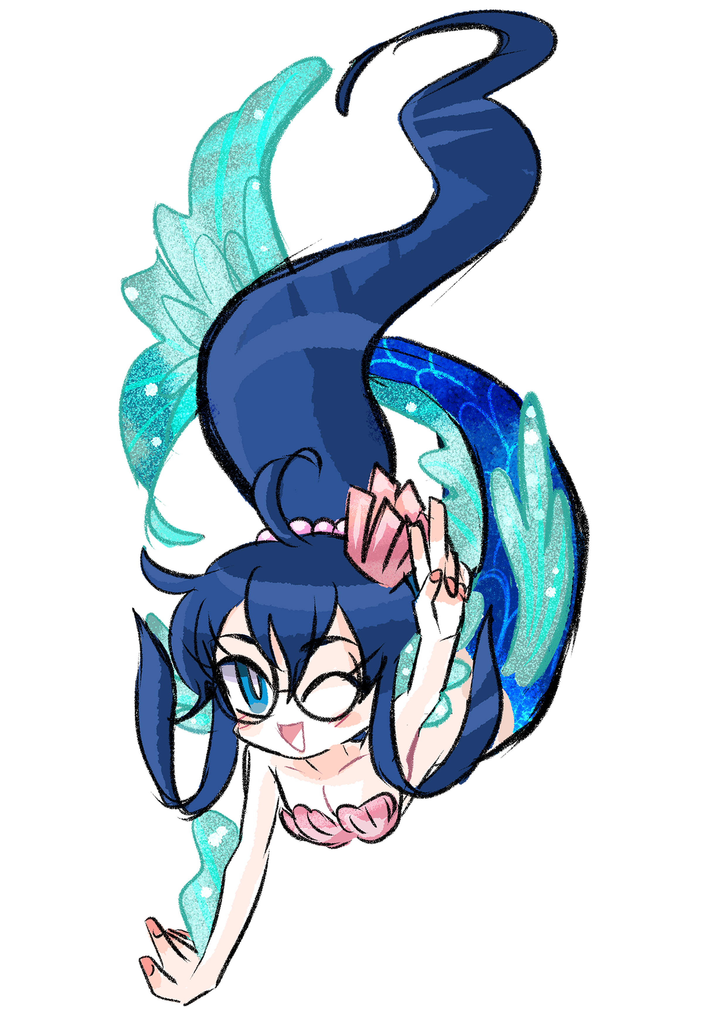 1girl ;d absurdres ahoge arm_up blue_eyes blue_hair blush breasts bright_pupils commentary_request commission fuuko_(kazeoceantide) glasses highres long_eyelashes long_hair mermaid monster_girl nail_polish one_eye_closed open_mouth original pink_nails pixiv_commission ponytail rakugaki_shitagari-ya shell shell_bikini sidelocks smile solo transparent_background v very_long_hair white_pupils