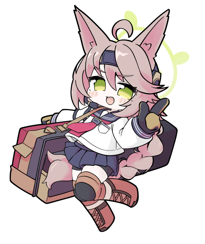 1girl ahoge animal_ears bike_shorts blue_archive boots brown_boots brown_gloves brown_hair chibi fox_ears fox_girl gloves green_eyes green_halo halo headset knee_pads long_braid miranofuudoria otogi_(blue_archive) pleated_skirt school_uniform serafuku skirt weapon_case