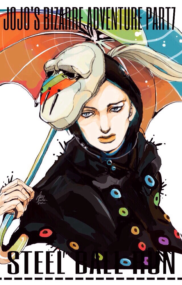 1boy araki_hirohiko_(style) black_capelet blackmore capelet catch_the_rainbow commentary commentary_request english_text grey_eyes grey_hair holding holding_umbrella hood hood_up jojo_no_kimyou_na_bouken long_hair male_focus marin_(marine-sky-earth) mask mask_on_head rainbow_print raincoat side_ponytail solo stand_(jojo) steel_ball_run umbrella