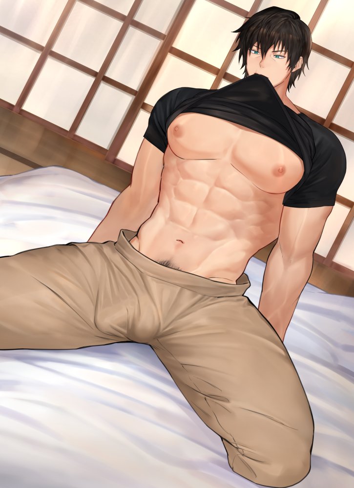 1boy abs bed black_hair black_shirt brown_pants clothes_lift green_eyes male_focus mouth_hold muscular muscular_male navel nipples original pants pubic_hair shirt shirt_lift short_hair solo stomach zhineart