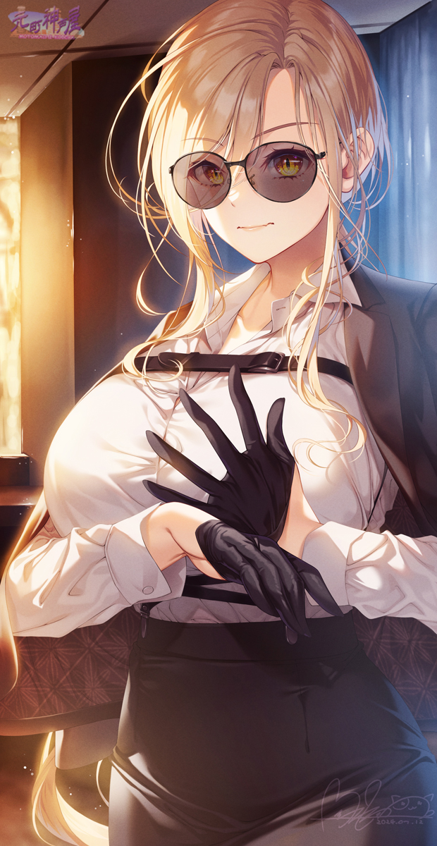 1girl adjusting_clothes adjusting_gloves black_gloves black_jacket black_skirt blonde_hair breasts closed_mouth collared_shirt dress_shirt gloves half_gloves highres hozumi_kaoru jacket jacket_on_shoulders large_breasts long_hair long_sleeves looking_at_viewer nijisanji nui_sociere nui_sociere_(9th_costume) open_clothes open_jacket pencil_skirt shirt shirt_tucked_in sidelocks skirt solo sunglasses virtual_youtuber white_shirt yellow_eyes
