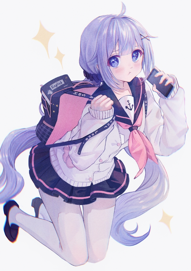 1girl :t ahoge anchor_print azur_lane bag black_shoes black_skirt cardigan cellphone closed_mouth commentary english_text female_focus hair_ornament holding holding_phone loafers long_hair long_sleeves low_twintails neckerchief phone pleated_skirt purple_eyes school_uniform shoes skirt sleeves_past_wrists smartphone solo sparkle symbol-only_commentary thighhighs twintails unicorn_(azur_lane) unicorn_(long-awaited_date)_(azur_lane) very_long_hair weizhi white_background x_hair_ornament