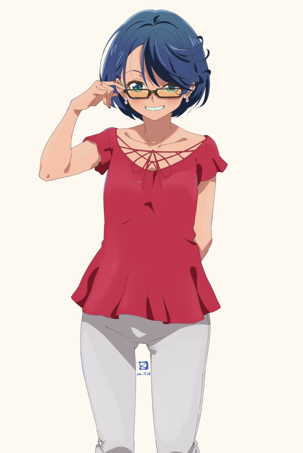 1girl adjusting_eyewear ano_natsu_de_matteru aqua_eyes blue_hair collarbone earrings glasses grey_pants hashtag-only_commentary highres jewelry miyahara_takuya pants red_shirt shirt short_hair simple_background smile solo tanigawa_kanna white_background