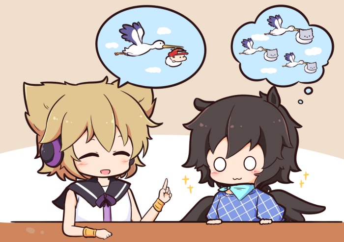 2girls :3 animal_ears aqua_bandana baby_mario bird black_hair black_sailor_collar black_wings blue_shirt bow bowtie brown_hair cat checkered_clothes checkered_shirt comic commentary earmuffs feathered_wings gomashio_(goma_feet) imagining index_finger_raised kurokoma_saki mario mario_(series) multiple_girls nintendo no_headwear o_o owl_ears purple_bow purple_bowtie sailor_collar shirt short_hair silent_comic sleeveless sleeveless_shirt sparkle speech_bubble spoken_animal spoken_character stork super_mario_world_2:_yoshi&#039;s_island thought_bubble touhou toyosatomimi_no_miko wings