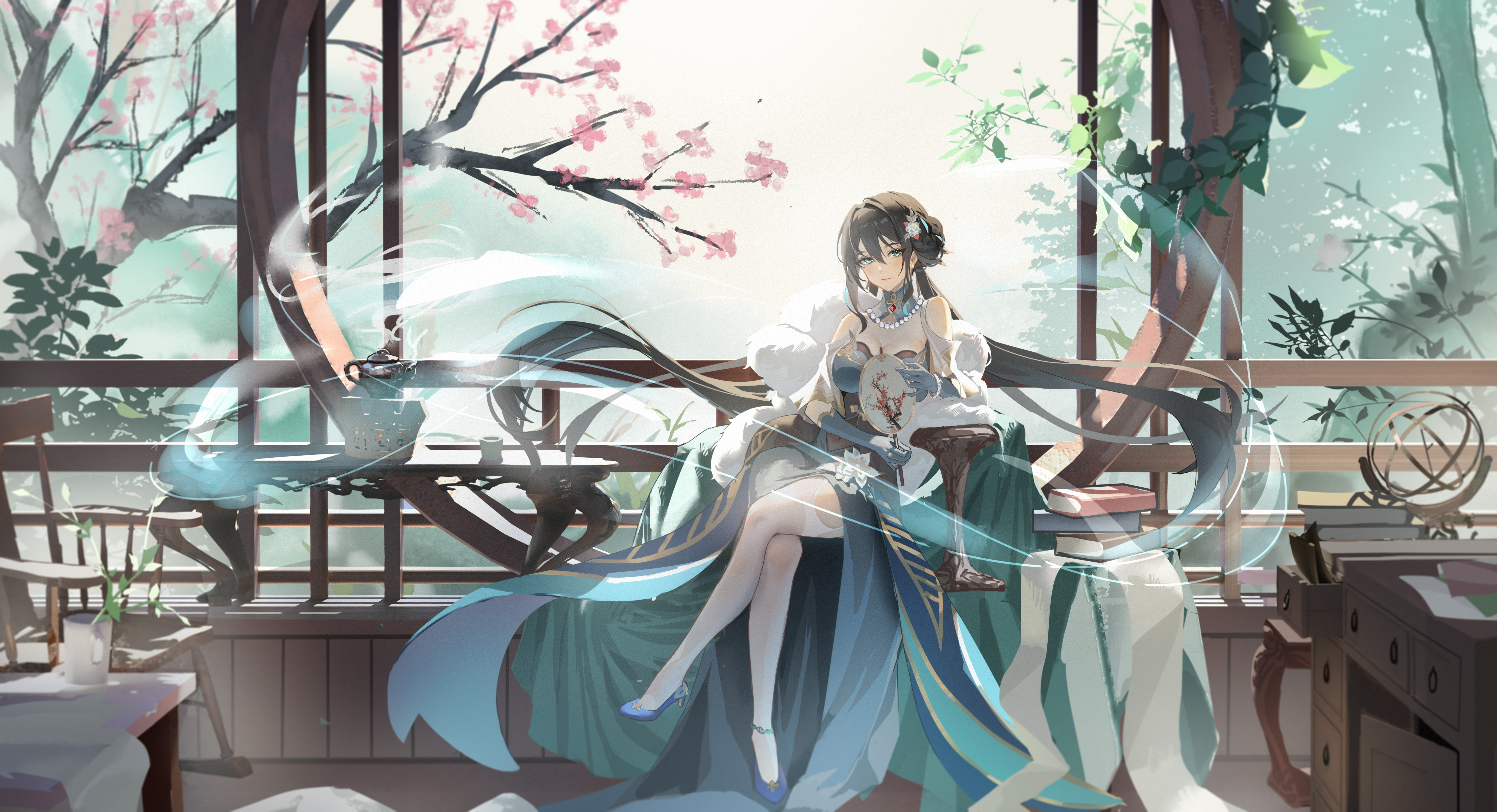 1girl absurdres aqua_collar aqua_dress aqua_gloves bead_necklace beads black_hair chinese_clothes clothing_cutout dress gloves green_gloves highres honkai:_star_rail honkai_(series) jewelry jiu_dao_fan_yin multicolored_hair necklace panorama pearl_necklace ruan_mei_(honkai:_star_rail) shoulder_cutout solo streaked_hair