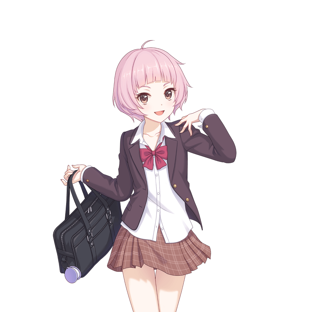 1boy ahoge androgynous bag bare_legs bob_cut bow bowtie brown_jacket brown_skirt crossdressing hand_mirror hand_on_own_shoulder holding holding_bag jacket looking_ahead looking_at_viewer male_focus mirror neck_ribbon official_art open_mouth pink_bow pink_bowtie pink_hair princess_connect! red_ribbon ribbon school_bag school_uniform shirt short_hair skirt smile solo tachi-e thighs transparent_background trap white_shirt yuki_(princess_connect!) yuki_(real)_(princess_connect!)
