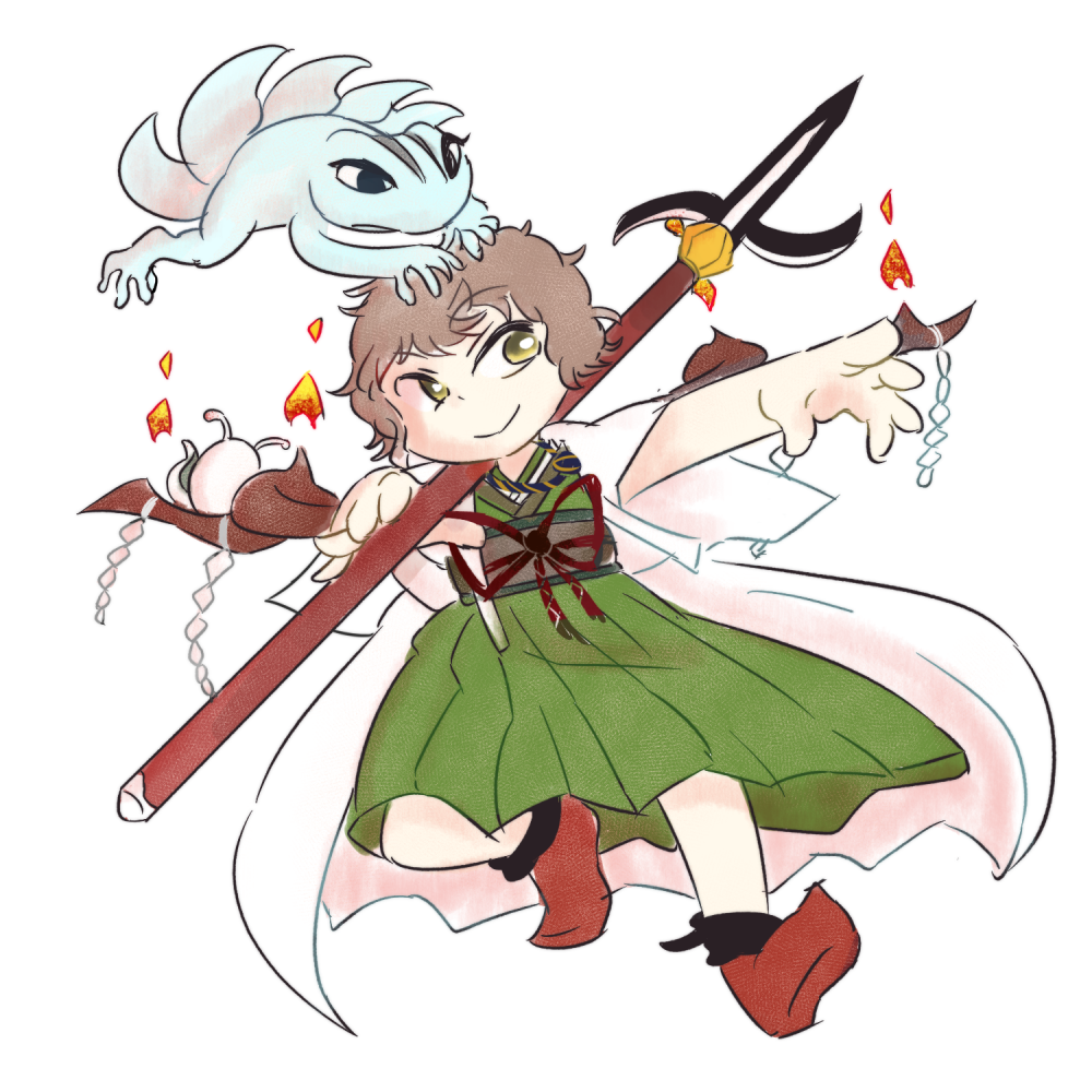 1other :&gt; androgynous ankle_socks azuma_kaisen azuma_kaisen_(frog) bare_arms black_socks bright_pupils brown_footwear brown_hair brown_sash chikafumikou closed_mouth commentary_request dot_nose fire frog full_body glaive_(polearm) green_kimono holding holding_polearm holding_weapon jacket japanese_clothes kesa_kujiru kesa_kujiru_(slug) kimono kimono_dress len&#039;en looking_to_the_side obi ogata_garaiya other_focus outstretched_arm over_shoulder polearm red_ribbon ribbon sash shide short_hair short_sleeves shoshinsha_mark simple_background slug smile socks solo waist_ribbon weapon weapon_over_shoulder white_background white_jacket white_pupils yellow_eyes