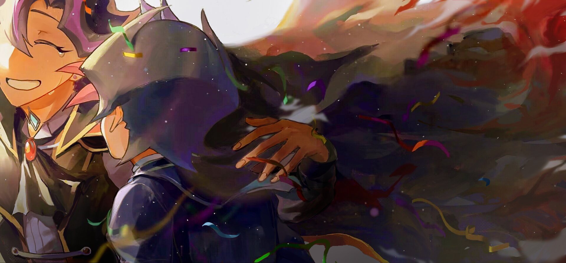 2boys ai_(yu-gi-oh!) alternate_form android black_cape black_coat black_hair black_jacket black_ribbon border cape closed_eyes coat colored_bangs dappled_sunlight dress_shirt facing_another facing_to_the_side fujiki_yusaku grin hair_over_one_eye hand_on_another's_shoulder happy head_out_of_frame highres jacket light_particles looking_at_another male_focus multiple_boys novale110 one_eye_covered ornate_border outdoors outside_border ribbon shirt smile smoke spiked_hair sunlight tearing_up white_background white_shirt wind yu-gi-oh! yu-gi-oh!_vrains