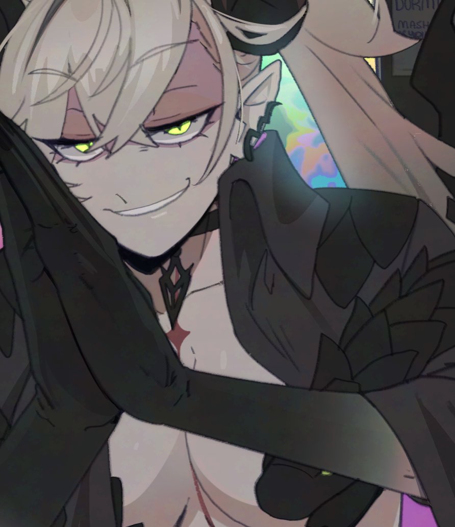 1girl blonde_hair breasts commentary english_commentary fate/grand_order fate_(series) green_eyes kamuify lilith_(fate) long_hair looking_at_viewer own_hands_together pointy_ears smile solo textless_version upper_body white_mouth