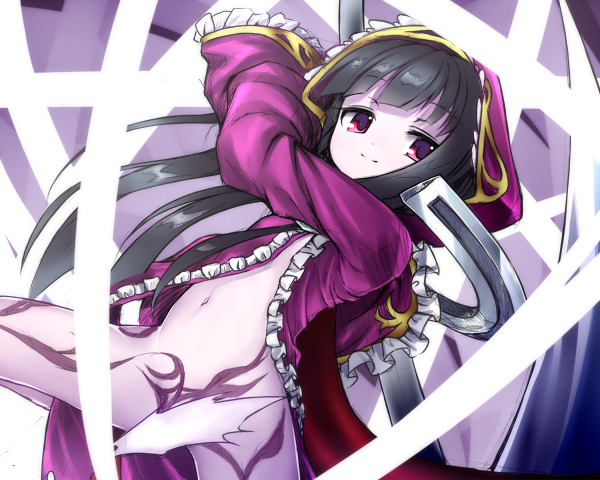 1girl black_hair body_markings breasts convenient_censoring death_alma emil_chronicle_online holding holding_scythe hood hooded_jacket hoodie jacket long_hair maou_mikage navel no_panties purple_eyes purple_hoodie scythe slashing small_breasts solo