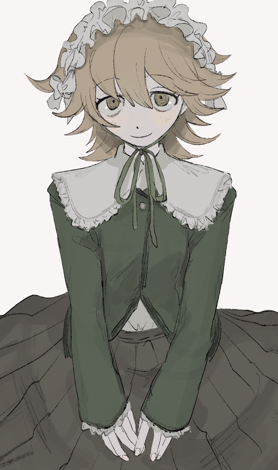 1boy brown_eyes brown_hair brown_skirt danganronpa:_trigger_happy_havoc danganronpa_(series) fujisaki_chihiro green_jacket grey_background headdress highres jacket long_sleeves male_focus medium_hair muted_color own_hands_together pleated_skirt sema_(vivaviva_02) short_hair simple_background skirt sleeves_past_wrists smile solo trap