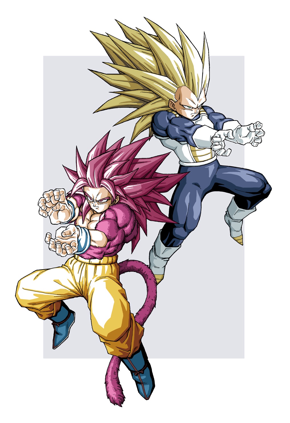 2boys armor blue_bodysuit body_fur bodysuit boots border dragon_ball dragon_ball_daima final_flash full_body gloves grey_background highres kamehameha_(dragon_ball) long_hair male_focus monkey_tail multiple_boys muscular muscular_male n_(n14542698) no_eyebrows orange_pants pants red_eyes red_fur red_hair red_tail saiyan_armor simple_background son_goku spiked_hair super_saiyan super_saiyan_3 super_saiyan_4 tail topless_male vegeta white_armor white_boots white_border white_gloves