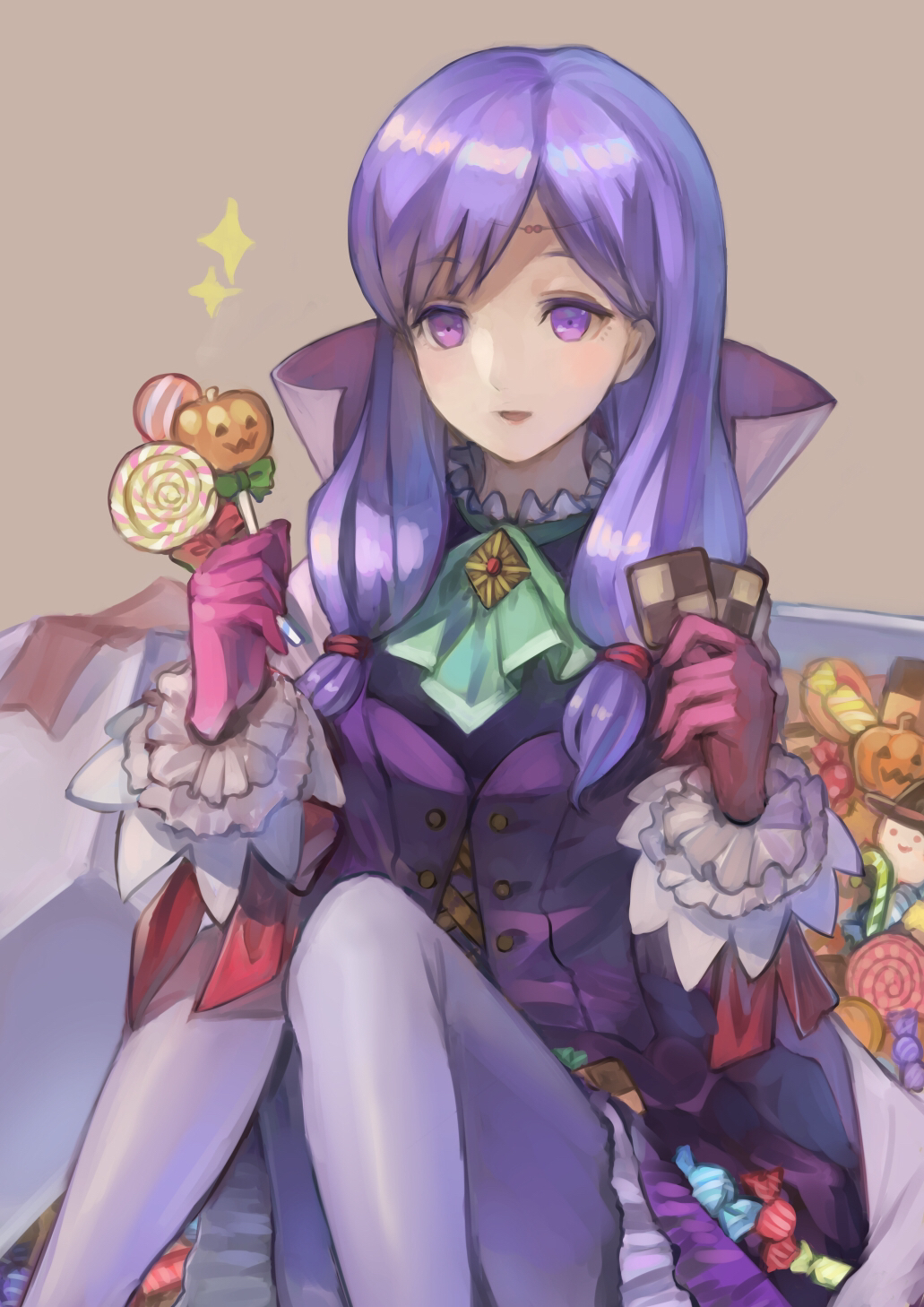 1girl buttons candy dress female_focus fire_emblem fire_emblem:_path_of_radiance fire_emblem_heroes food gloves halloween_costume highres holding ilyana_(fire_emblem) ilyana_(halloween)_(fire_emblem) long_hair long_sleeves mai_yukari nintendo open_mouth pantyhose pink_gloves purple_eyes purple_hair short_dress simple_background sitting solo white_pantyhose