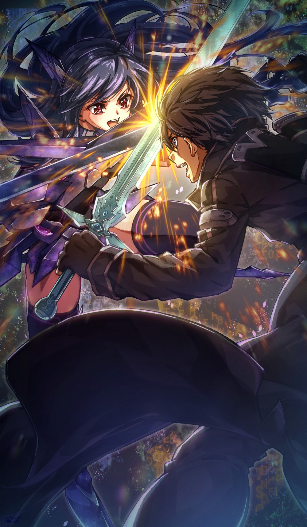 1boy 1girl accel_world battle black_hair blue_hair brown_hair commission duel gloves highres holding holding_sword holding_weapon kirito kuroyukihime long_hair oboro_neko open_mouth red_eyes sword sword_art_online thighhighs weapon