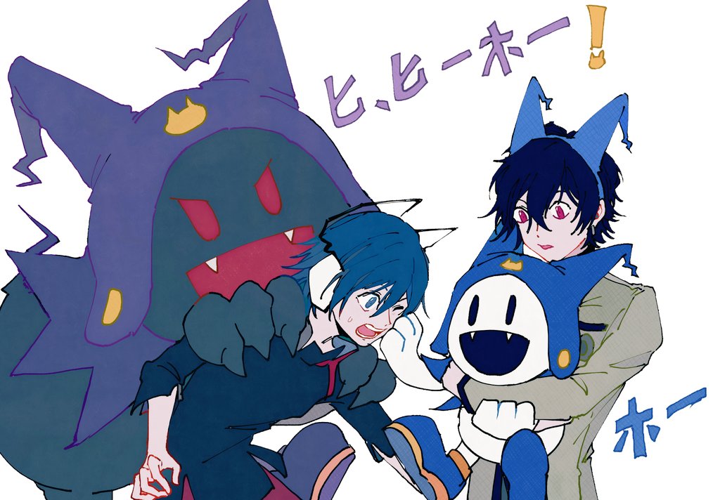 4boys black_frost black_hair black_shirt black_skin blue_eyes blue_hair blue_hairband blue_hat carrying claws colored_skin creature demon_(megami_tensei) devil_survivor_(series) devil_survivor_1 fangs grey_jacket hairband hands_on_another&#039;s_shoulders hat headphones holding holding_creature in-franchise_crossover jack_frost_(megami_tensei) jacket jester_cap long_sleeves looking_down male_focus megami_tensei multiple_boys one_eye_closed open_mouth persona persona_1 protagonist_(devil_survivor) purple_eyes purple_hat red_eyes school_uniform shenhaihua shirt short_hair smile st._hermelin_school_uniform surprised toudou_naoya translation_request upper_body v-shaped_eyes white_skin |_|
