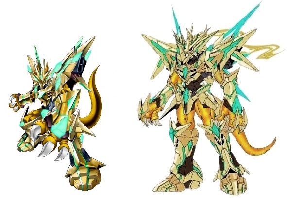 armor claws digimon digimon_(creature) looking_at_viewer magnamon magnamon_x-antibody magnamon_x-antibody_gold_digizoid_mode muscular muscular_male tail