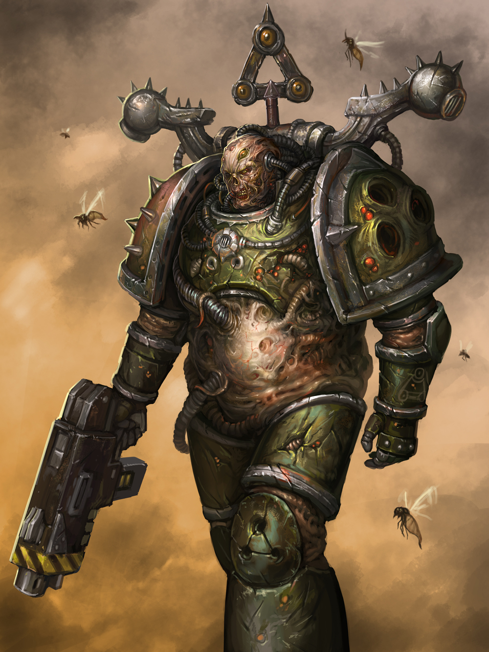 .75_calibre_bolt adeptus_astartes anti-materiel_cartridge armor bolt_(warhammer_40k) bolter bug chaos_(warhammer) chaos_space_marine gun high-explosive_cartridge highres lieqi_hun no_humans plague_marine rocket-assisted_projectile solo warhammer_40k weapon window_magazine