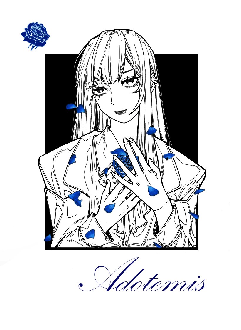 1girl ado_(utaite) asa_(asa_404_) blue_flower blue_rose border chando_(ado) closed_mouth cloud_nine_inc commentary cropped_torso falling_petals flower greek_commentary greyscale head_tilt long_hair long_sleeves looking_at_viewer mole mole_under_eye monochrome outside_border petals pun rose sidelocks solo spot_color upper_body utaite