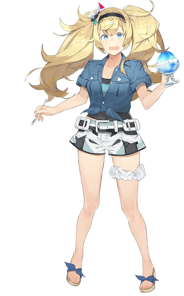 1girl akira_(kadokawa) belt blonde_hair blue_eyes blue_shirt breast_pocket breasts buttons cleavage collarbone collared_shirt female_focus food full_body gambier_bay_(kancolle) gambier_bay_(summer)_(kancolle) hair_between_eyes hairband kantai_collection large_breasts official_art pocket sandals shaved_ice shirt short_sleeves shorts solo transparent_background twintails