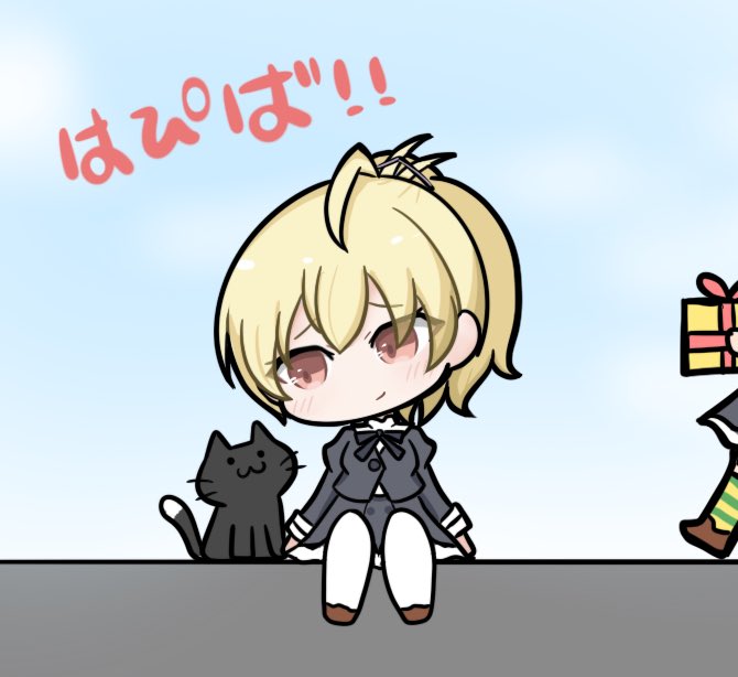 2girls :3 ahoge andou_tazusa animal assault_lily black_cat black_ribbon black_skirt blonde_hair blue_sky blush box brown_shoes cat chibi closed_mouth cloud commentary cropped_jacket full_body gift gift_box green_thighhighs happa_no_tanupon happy_birthday head_tilt high-waist_skirt holding holding_gift horizontal-striped_thighhighs juliet_sleeves long_sleeves looking_at_animal looking_to_the_side multicolored_thighhighs multiple_girls neck_ribbon out_of_frame outdoors pantyhose ponytail puffy_sleeves raised_eyebrows red_eyes ribbon school_uniform shoes short_hair sideways_glance sitting skirt sky smile solo_focus thighhighs translated walking white_pantyhose yellow_thighhighs yoshimura_thi_mai yurigaoka_girls_academy_school_uniform