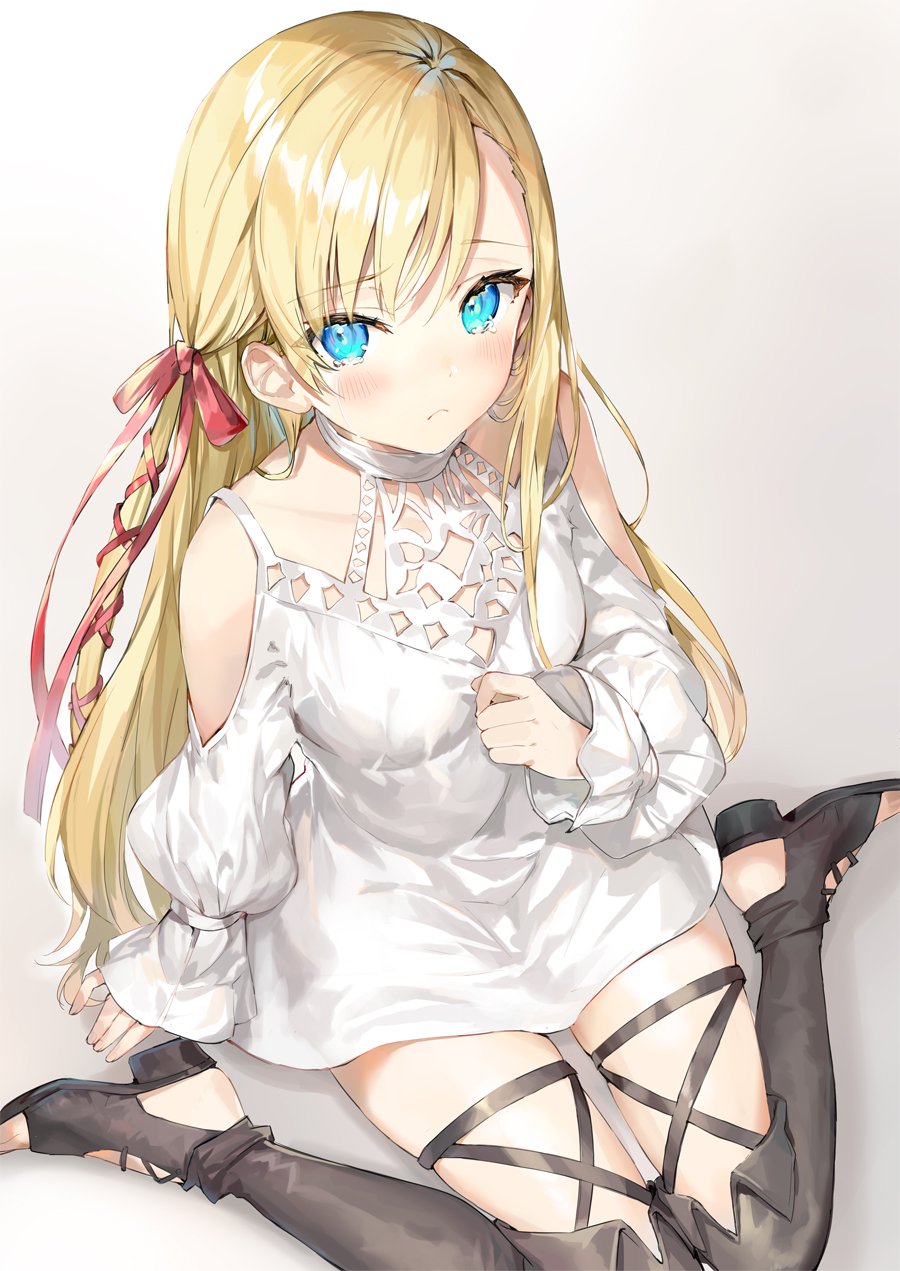 1girl bare_shoulders black_boots blonde_hair blue_eyes blush boots breasts closed_mouth clothing_cutout commentary dress final_fantasy final_fantasy_xiv from_above frown hair_ribbon highres hyur long_hair long_sleeves looking_at_viewer medium_breasts minfilia_warde momoko_(momopoco) open-toe_boots pink_ribbon puffy_sleeves ribbon ryne_waters shadow shoulder_cutout simple_background sitting solo thigh_boots thighhighs very_long_hair wariza white_background white_dress