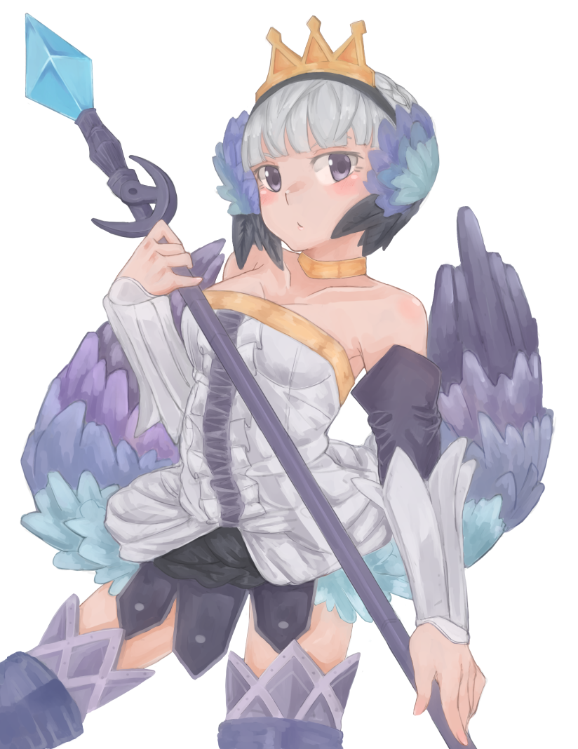 1girl az_toride bare_shoulders blush boots breasts choker commentary_request crown detached_sleeves dress feathered_wings grey_hair gwendolyn_(odin_sphere) looking_at_viewer low_wings odin_sphere polearm purple_eyes short_hair simple_background small_breasts solo spear strapless strapless_dress thigh_boots valkyrie weapon white_background wings