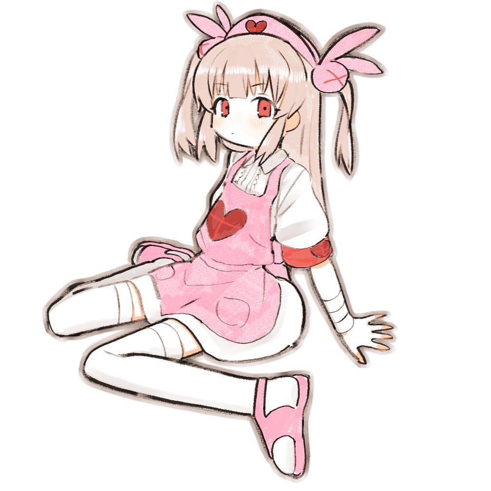 1girl apron armband bandaged_wrist bandages brown_hair dress hair_ornament hat long_hair looking_at_viewer natori_sana natori_sana_(nurse) nurse nurse_cap pink_apron rabbit_hair_ornament red_armband red_eyes sana_channel shinbashi_seiji shirt short_sleeves simple_background sitting sketch slippers solo thighhighs two_side_up virtual_youtuber white_dress white_shirt white_thighhighs